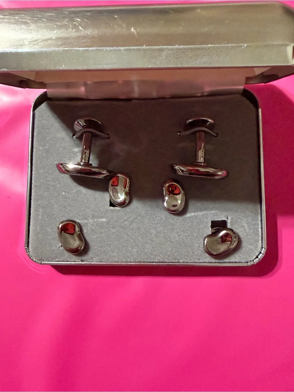 JJ Weston Gunmetal Kidney Bean Cuff Links and Stud Set Vintage New in Box